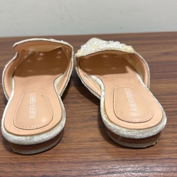 Alberta Ferretti Beige Velvet Flat Mules Embellished with Beads & Crystals. - Picture 5 of 10